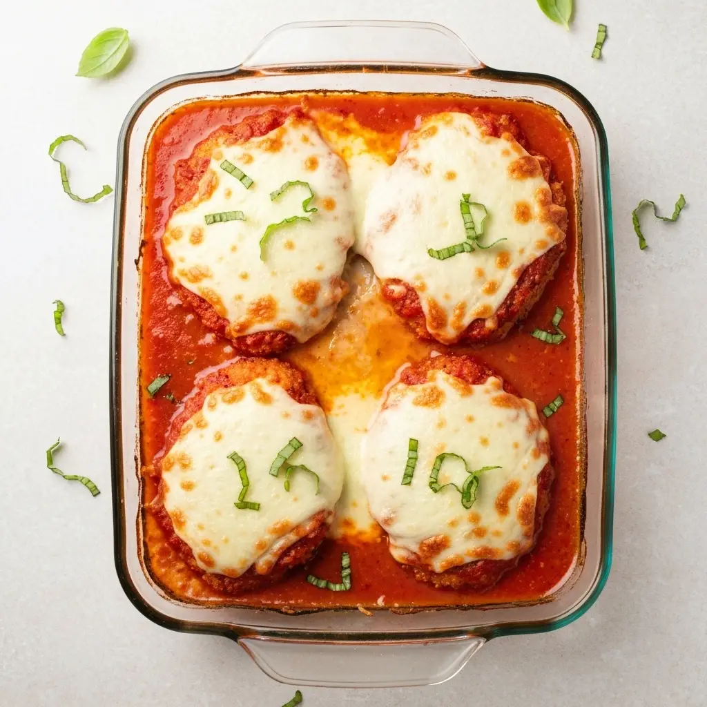Overhead view of chicken parmesan in a baking dish after baking.