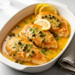 A close up 45-degree angle shot of chicken piccata in a white dish, covered in a bright lemon caper sauce.