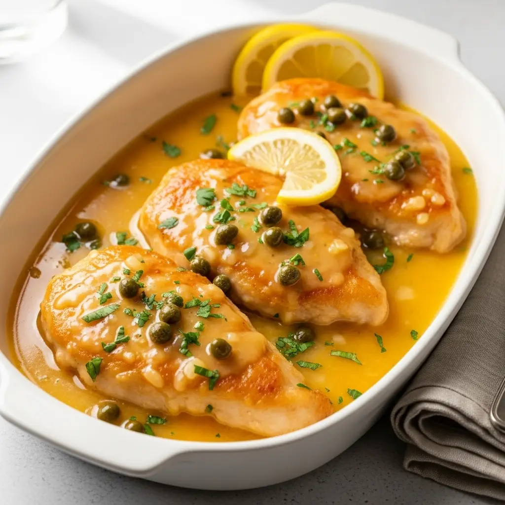 A close up 45-degree angle shot of chicken piccata in a white dish, covered in a bright lemon caper sauce.