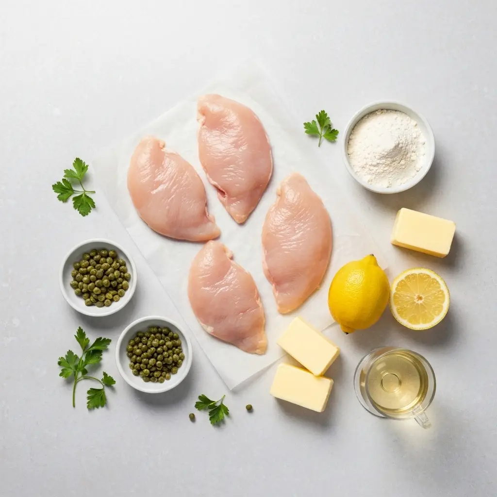 An overhead flat lay of ingredients for chicken piccata, including chicken, flour, lemon, capers, butter, and wine.