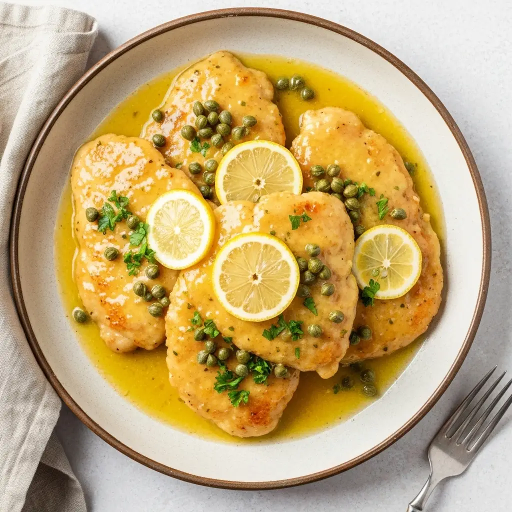 An overhead view of the finished chicken piccata in a serving bowl, garnished with parsley and lemon.