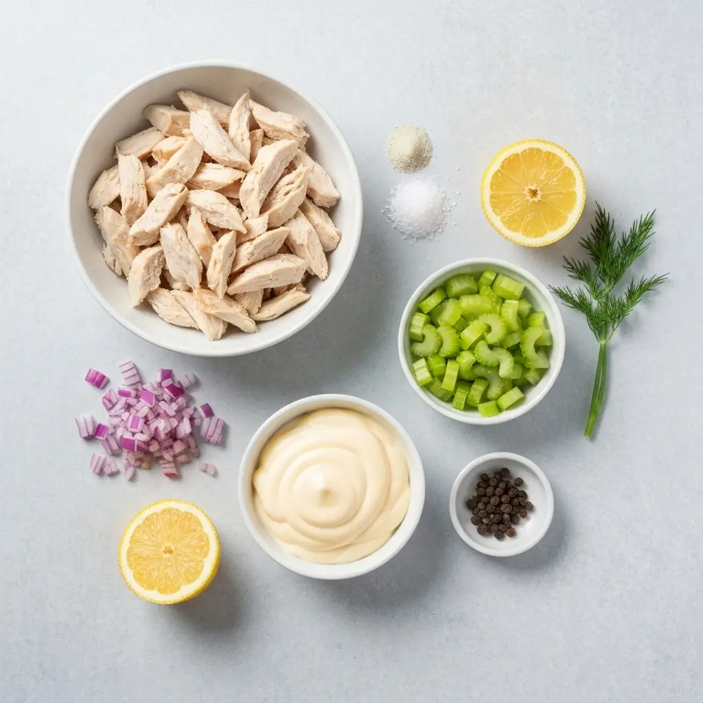 Ingredients for the best chicken salad recipe laid out on a neutral surface.