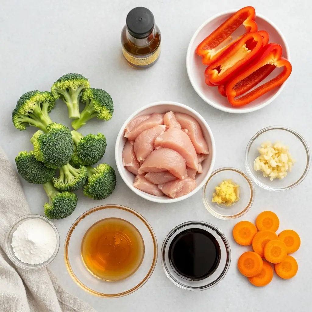Chicken Stir Fry Recipe (Better Than Takeout in 30 Minutes!) 2 Overhead shot of the ingredients for a chicken stir fry recipe: chicken, broccoli, peppers, carrots, and sauce ingredients.