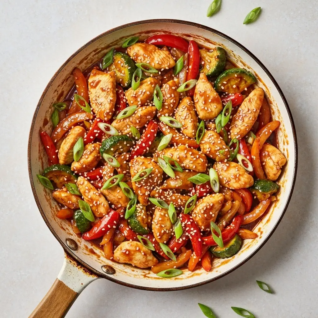 Chicken Stir Fry Recipe (Better Than Takeout in 30 Minutes!) 3 An overhead flat lay photo of the finished chicken stir fry in a skillet.