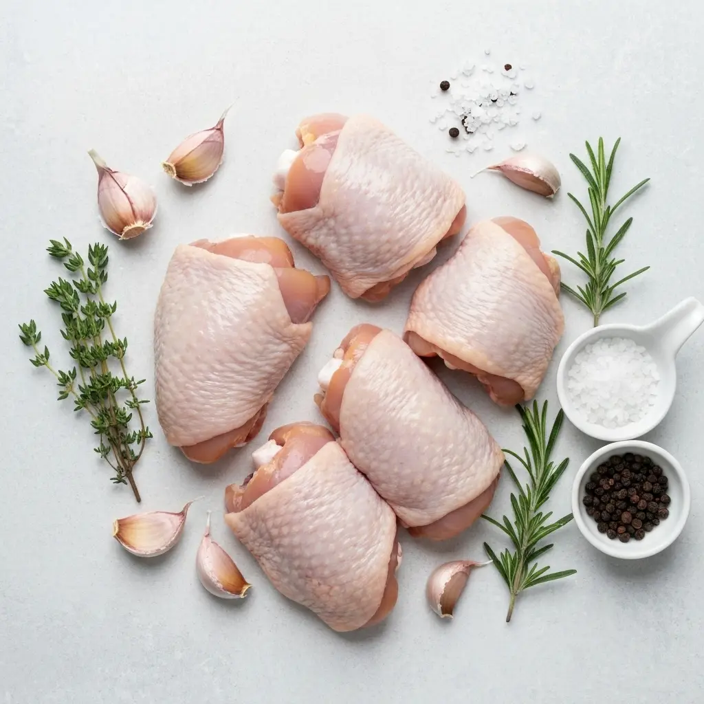Chicken Thigh Recipes: The Ultimate Crispy Skillet Method 2 Overhead view of ingredients for chicken thigh recipes: raw chicken thighs, garlic, rosemary, thyme, salt, and pepper.