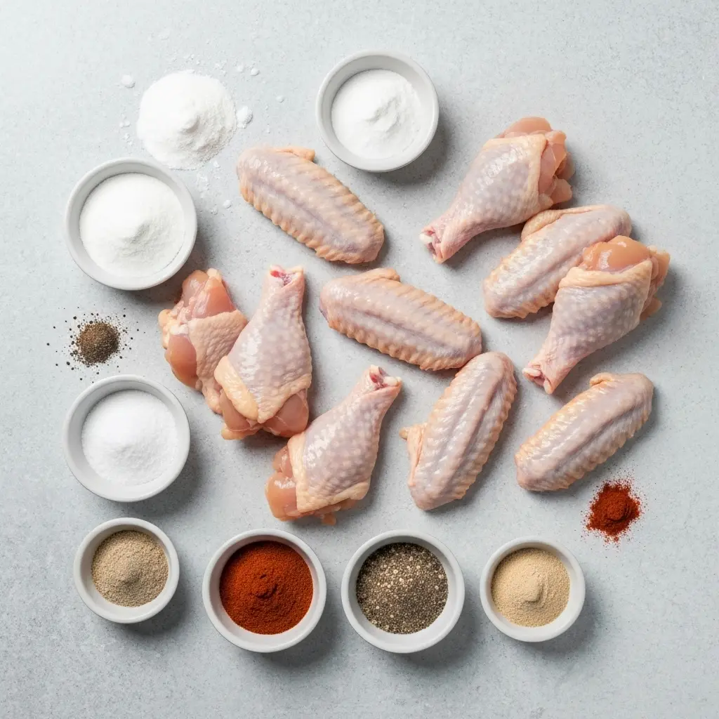 The Ultimate Crispy Chicken Wings Recipe (Baked, Fried, or Air Fryer!) 2 Ingredients for the crispy chicken wings recipe laid out on a table.