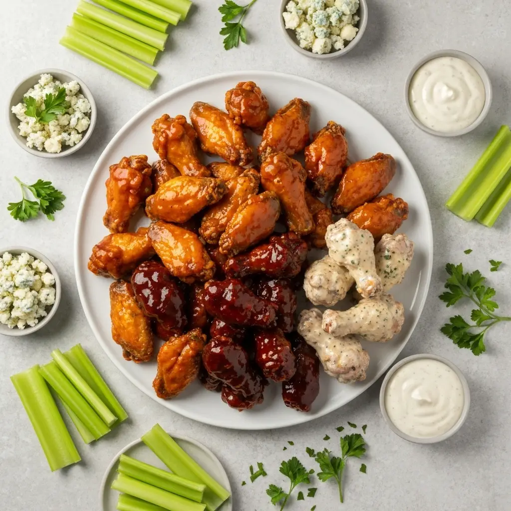 The Ultimate Crispy Chicken Wings Recipe (Baked, Fried, or Air Fryer!) 4 An overhead view of a platter with three kinds of chicken wings: buffalo, bbq, and garlic parmesan.