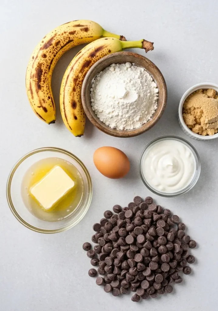 Chocolate Chip Banana Bread Recipe: The Best Extra Moist & Easy Loaf 2 Ingredients for chocolate chip banana bread, including ripe bananas, flour, sugar, butter, and chocolate chips, laid out on a light surface.
