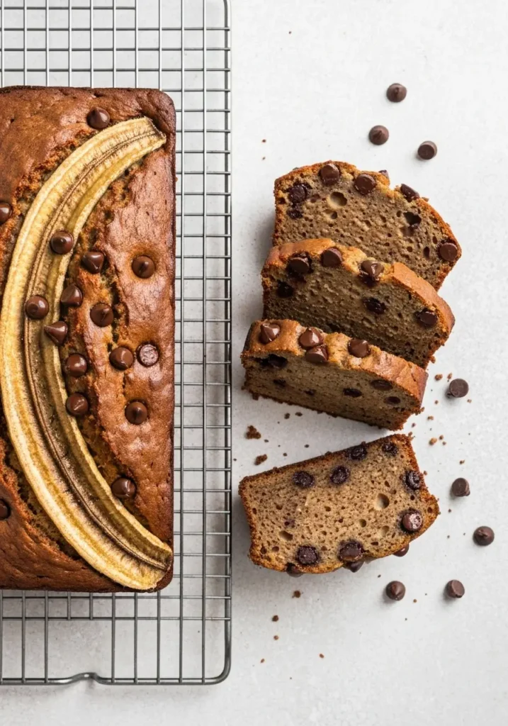 Chocolate Chip Banana Bread Recipe: The Best Extra Moist & Easy Loaf 3 Overhead view of a sliced loaf of chocolate chip banana bread on a cooling rack.