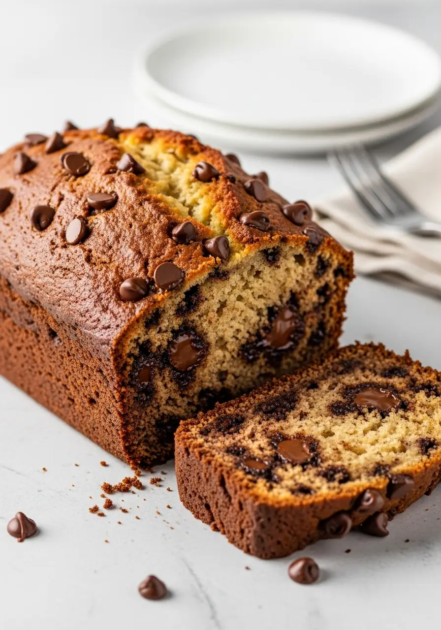 Chocolate Chip Banana Bread Recipe: The Best Extra Moist & Easy Loaf 4 A moist slice of chocolate chip banana bread leaning against the full loaf, showing the gooey chocolate inside.