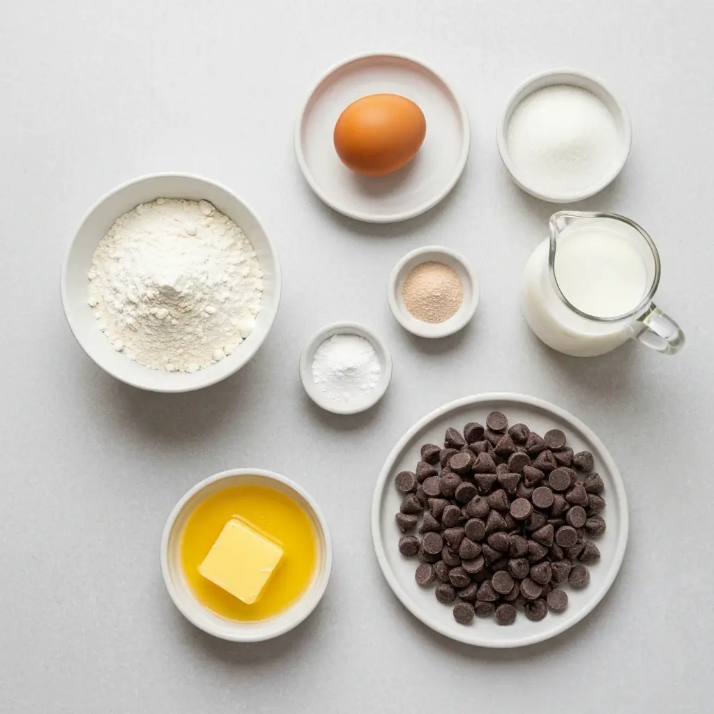 Chocolate Chip Pancake Recipe (Fluffy & Easy From Scratch!) 2 Ingredients for the chocolate chip pancake recipe laid out on a light surface, including flour, sugar, egg, milk, butter, and chocolate chips.