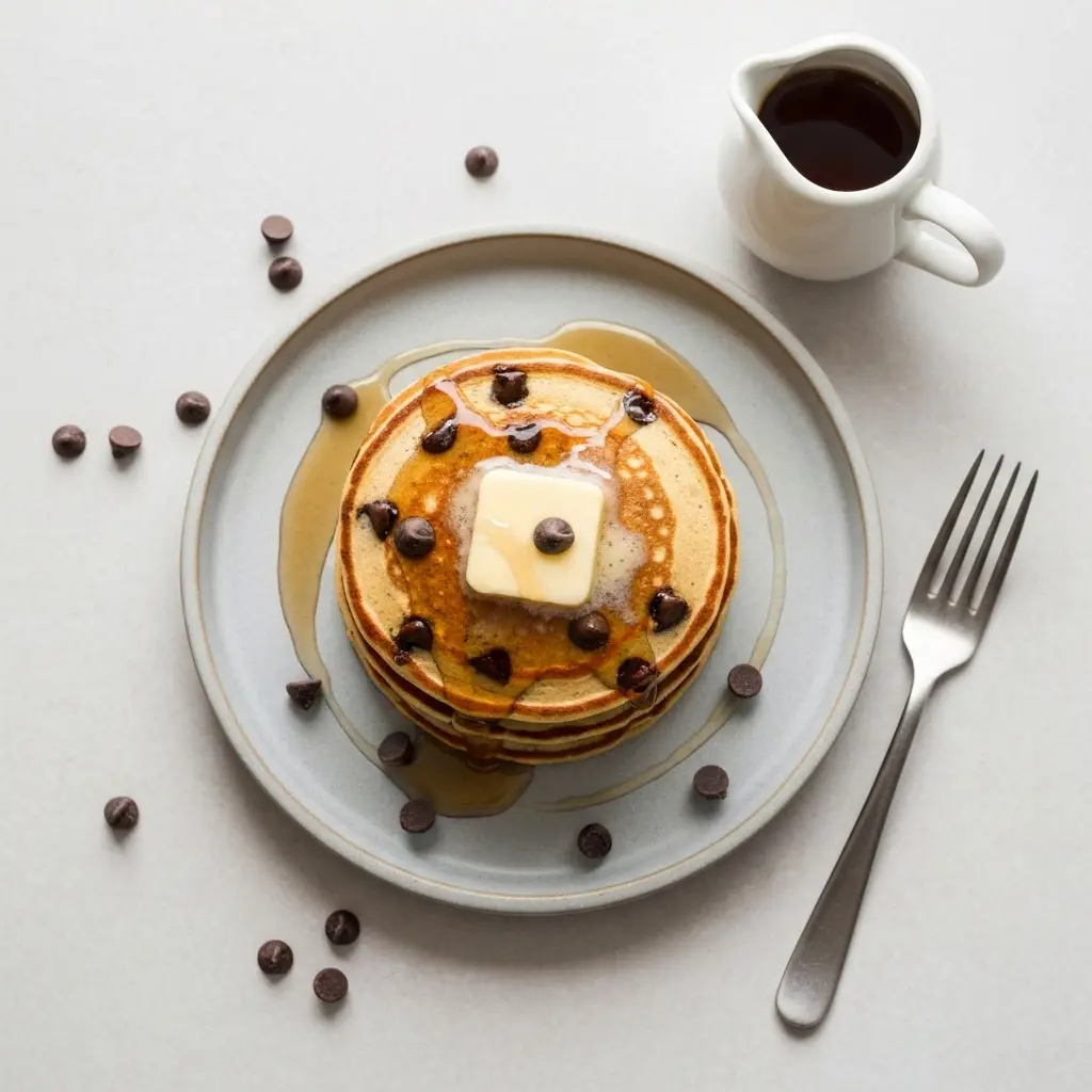 Chocolate Chip Pancake Recipe (Fluffy & Easy From Scratch!) 4 An overhead view of a stack of chocolate chip pancakes with butter and syrup on a plate.