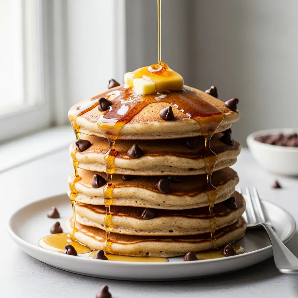 Chocolate Chip Pancake Recipe (Fluffy & Easy From Scratch!) 3 A tall stack of fluffy chocolate chip pancakes with melting butter and maple syrup dripping down the side.