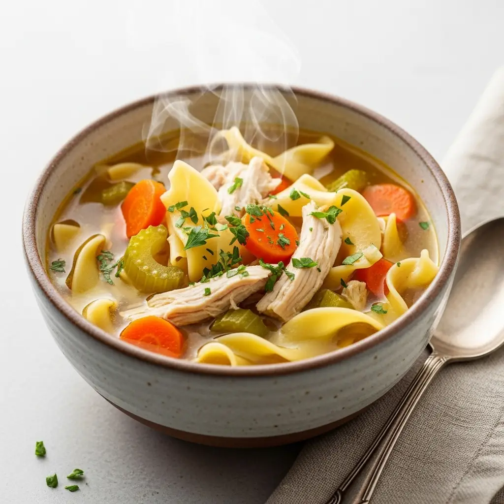 A warm bowl of homemade chicken noodle soup recipe, filled with chicken, vegetables, and egg noodles.