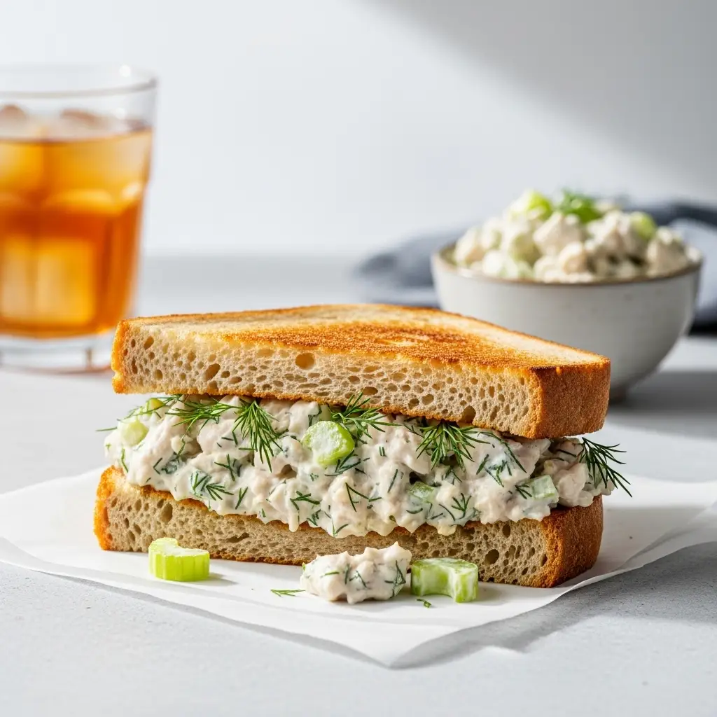 A close up of a classic chicken salad recipe sandwich on toasted sourdough bread.