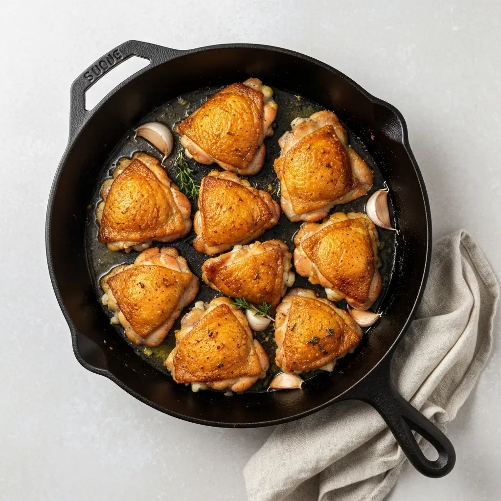 Chicken Thigh Recipes: The Ultimate Crispy Skillet Method 3 An overhead flat lay photo of cooked chicken thighs in a skillet, garnished with fresh herbs.