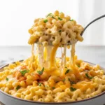 Crockpot Mac and Cheese: The Creamiest, Easiest Recipe Ever A close-up 45-degree view of a bowl of creamy crockpot mac and cheese with a spoon pulling up a cheesy scoop.