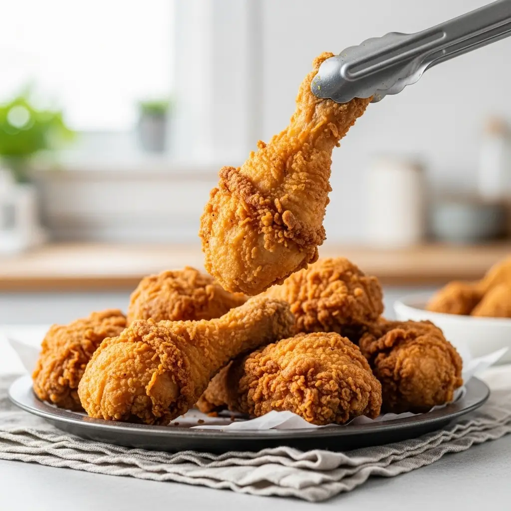 A close-up shot of a perfectly golden and crispy piece of fried chicken being lifted from a platter.