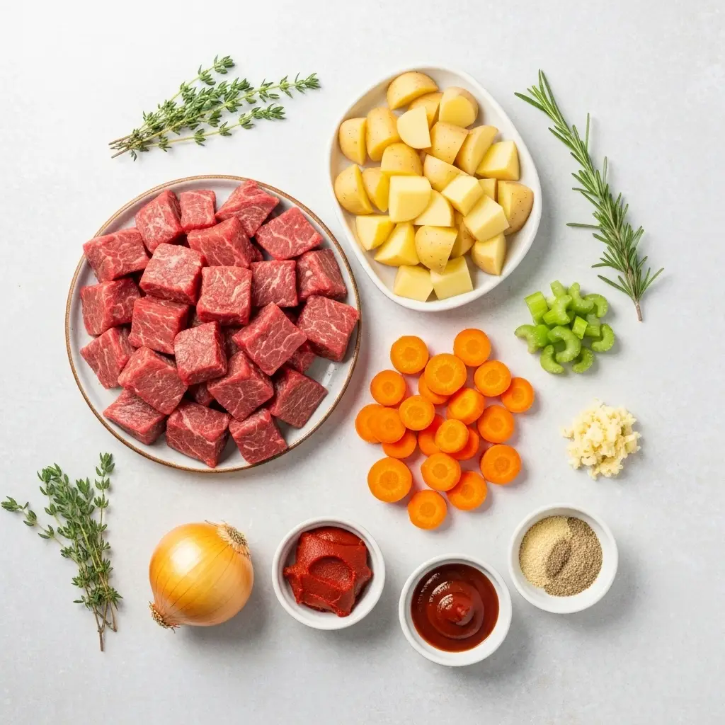 Crockpot Beef Stew: The Ultimate Easy & Hearty Recipe 2 Overhead shot of all the ingredients for crockpot beef stew, including beef, potatoes, carrots, celery, and onions.