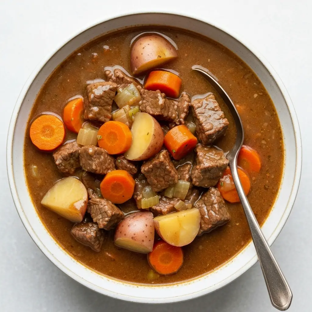 Crockpot Beef Stew: The Ultimate Easy & Hearty Recipe 4 An overhead view of a finished bowl of crockpot beef stew, showing the rich gravy and tender vegetables.