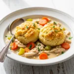 Crockpot Chicken and Dumplings: The Easiest Comfort Food Recipe A close-up view of a white bowl filled with creamy crockpot chicken and dumplings, garnished with fresh parsley.