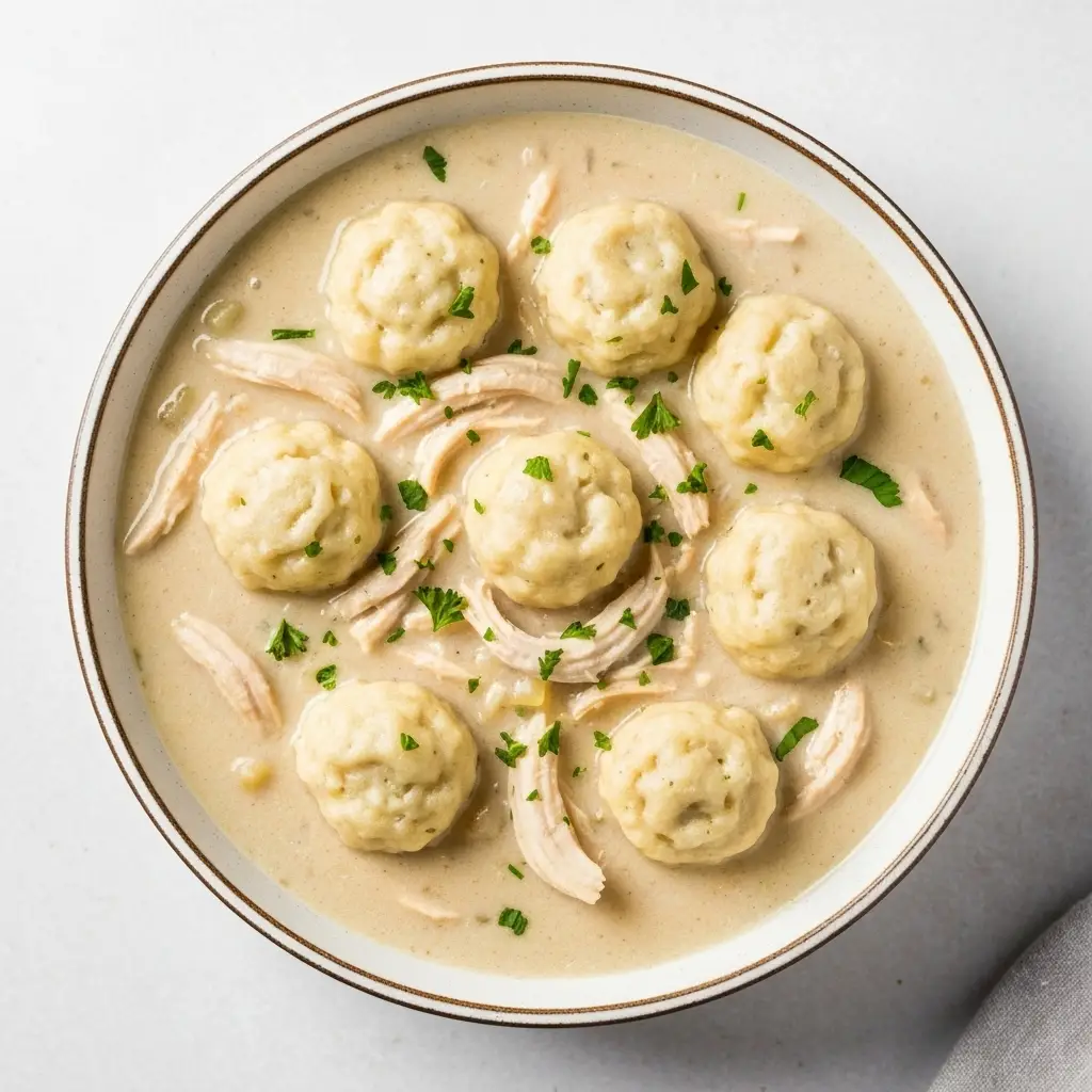 An overhead view of a bowl of crockpot chicken and dumplings, showing the creamy texture and fluffy dumplings.