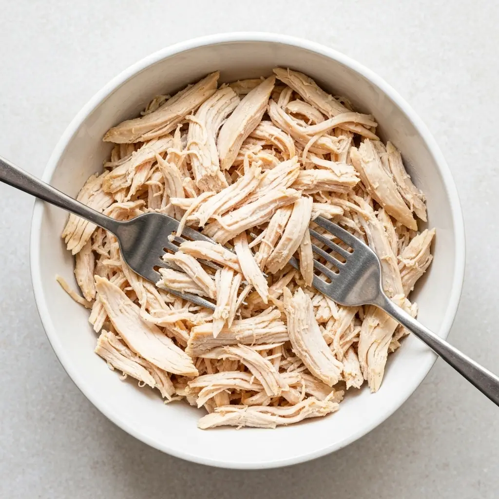 Overhead shot of shredded crockpot chicken in a white bowl.