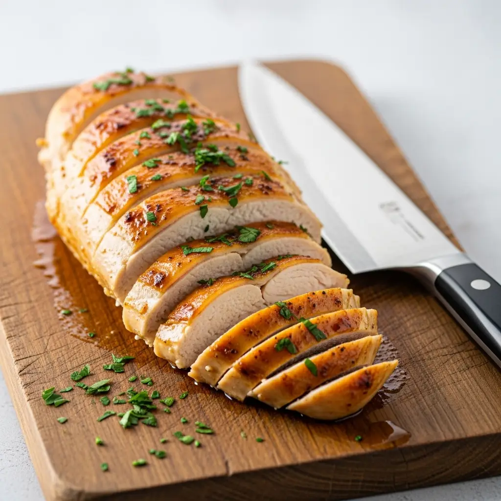 Juicy crockpot chicken breast sliced on a cutting board.