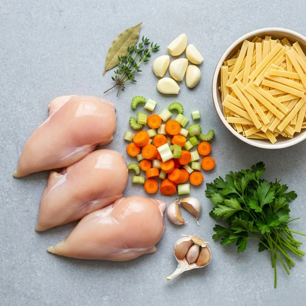 Crockpot Chicken Noodle Soup: The Ultimate Cozy Recipe 2 Overhead shot of the ingredients for crockpot chicken noodle soup: chicken, carrots, celery, onion, garlic, herbs, and egg noodles.
