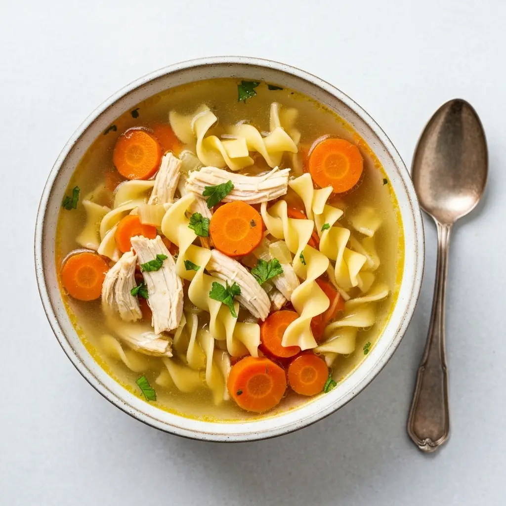 Crockpot Chicken Noodle Soup: The Ultimate Cozy Recipe 3 An overhead flat lay photo of a bowl of homemade crockpot chicken noodle soup.