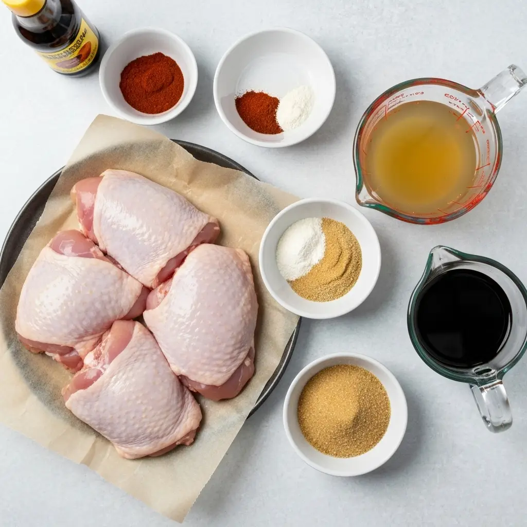 Crockpot Chicken Thighs (The Juiciest, Most Flavorful Ever!) 2 Ingredients for crockpot chicken thighs, including raw chicken, spices, and sauce components.