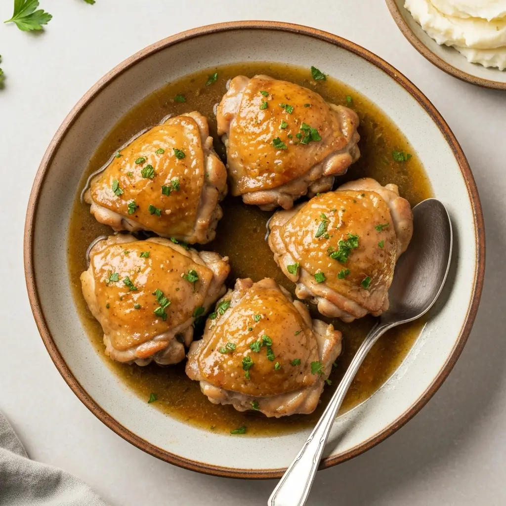 Crockpot Chicken Thighs (The Juiciest, Most Flavorful Ever!) 4 An overhead view of cooked chicken thighs in a bowl with gravy and parsley.