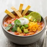 A close-up 45-degree angle shot of a bowl of crockpot chicken tortilla soup, loaded with delicious toppings like avocado, cheese, and tortilla strips.