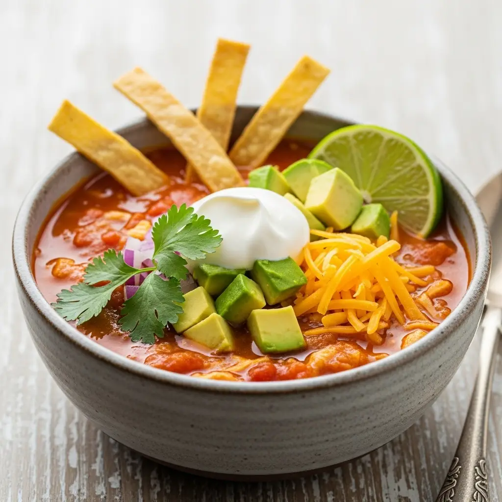 Crockpot Chicken Tortilla Soup (Easy & Creamy Recipe!) 4 A close-up 45-degree angle shot of a bowl of crockpot chicken tortilla soup, loaded with delicious toppings like avocado, cheese, and tortilla strips.