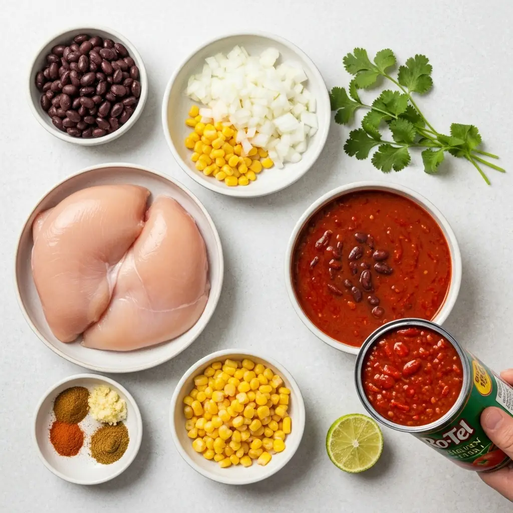 Crockpot Chicken Tortilla Soup (Easy & Creamy Recipe!) 2 Overhead view of ingredients for crockpot chicken tortilla soup, including chicken, beans, corn, spices, and tomatoes.