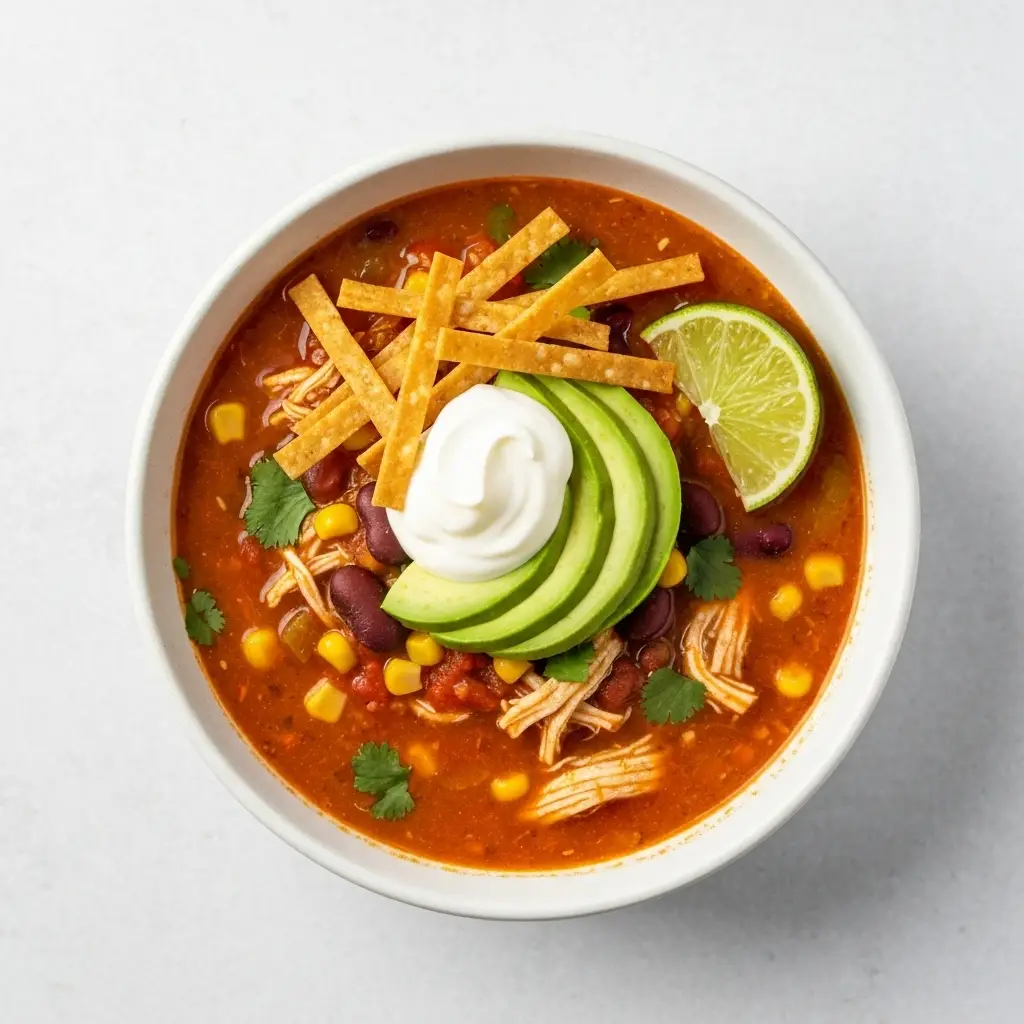 Crockpot Chicken Tortilla Soup (Easy & Creamy Recipe!) 3 An overhead shot of a bowl of crockpot chicken tortilla soup garnished with avocado, cilantro, sour cream, and tortilla strips.