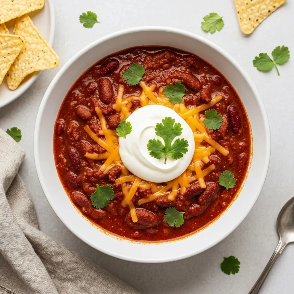 Crockpot Chili: The Easiest, Most Flavorful Recipe Ever 3 An overhead view of a finished bowl of crockpot chili with cheese and sour cream.