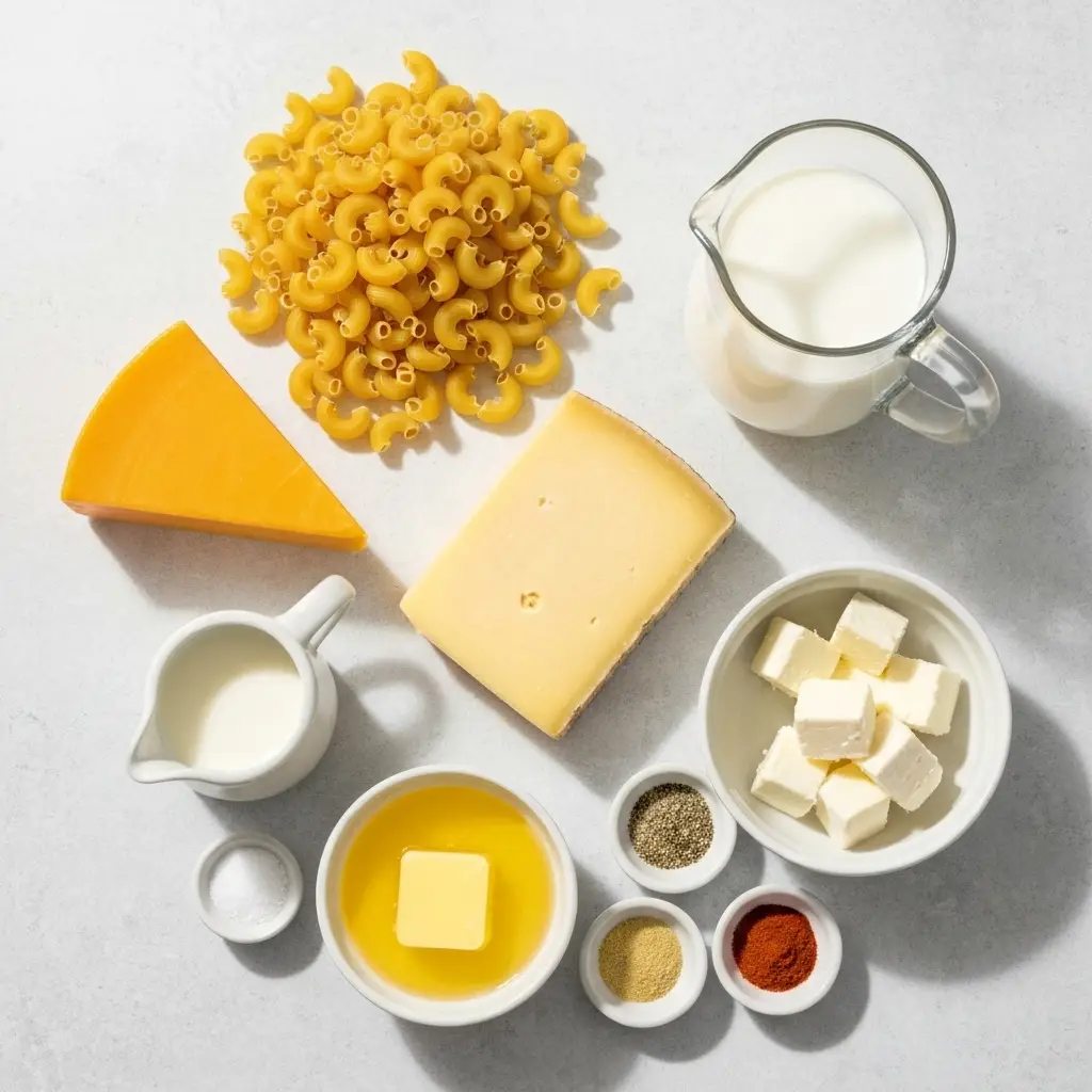 Overhead view of ingredients for crockpot mac and cheese: pasta, cheese blocks, milk, and spices.