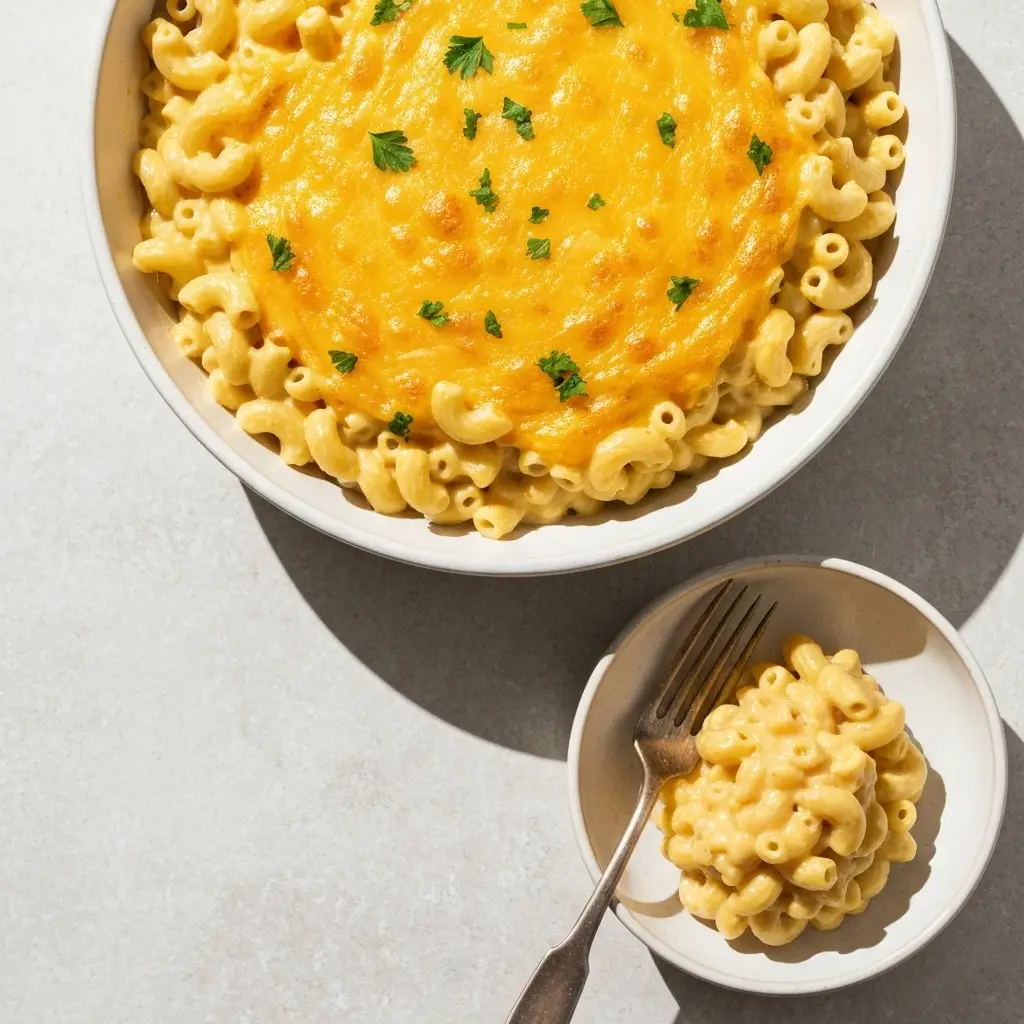An overhead flat lay shot of a large serving bowl filled with creamy crockpot mac and cheese.