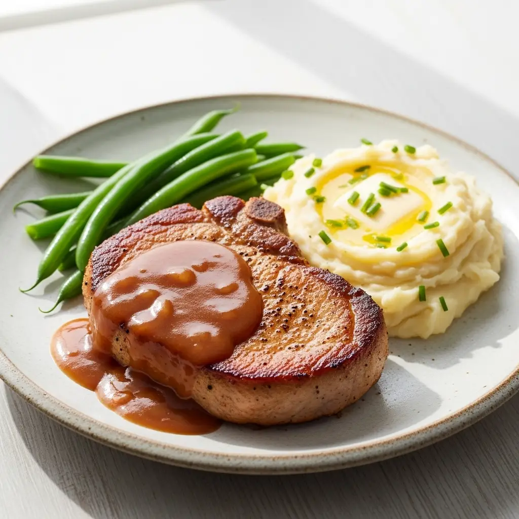 A tender crockpot pork chop on a plate, smothered in rich brown gravy and served with mashed potatoes.
