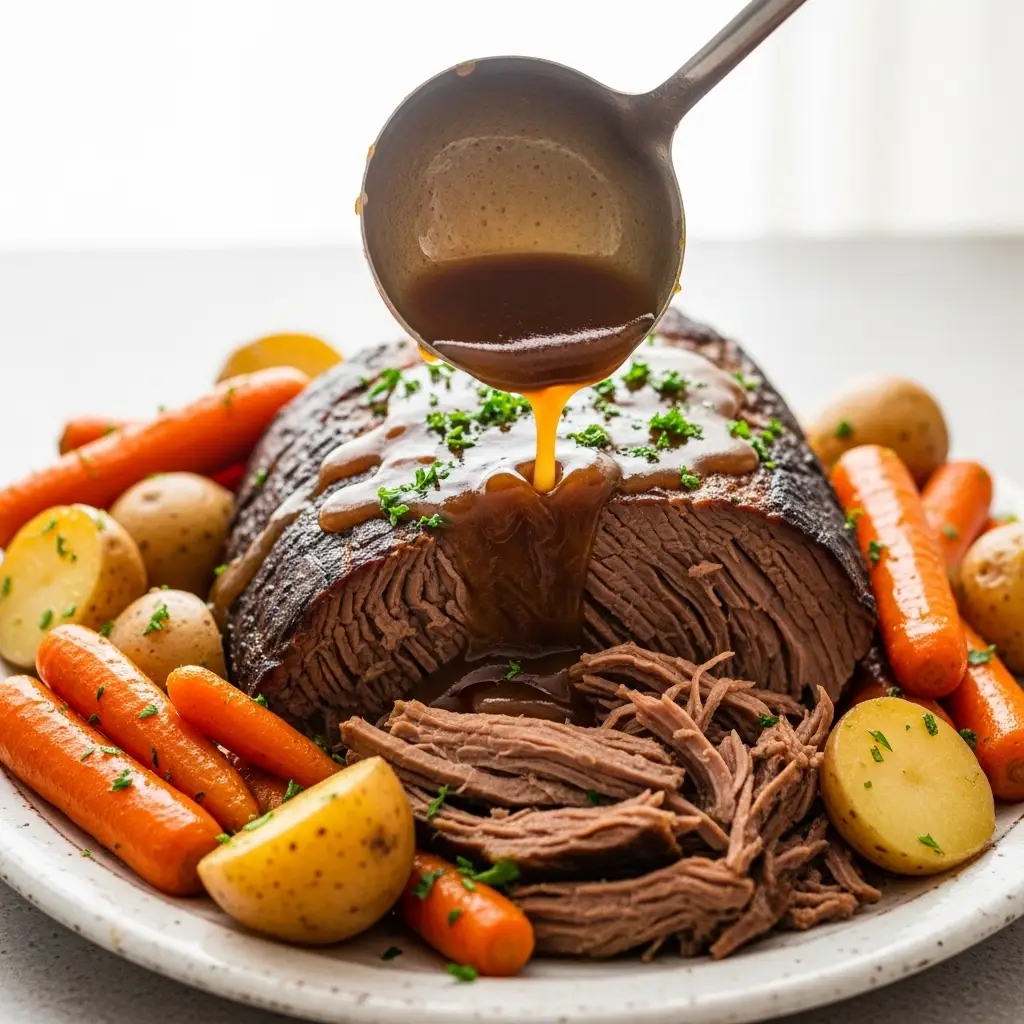 A platter of crockpot pot roast with carrots and potatoes, with rich gravy being poured over the top.