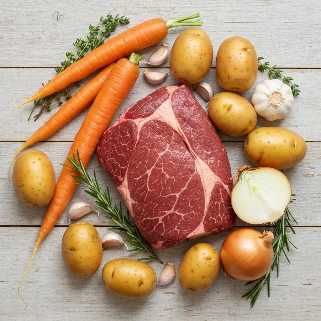Ingredients for crockpot pot roast laid out, including chuck roast, potatoes, carrots, onion, and herbs.