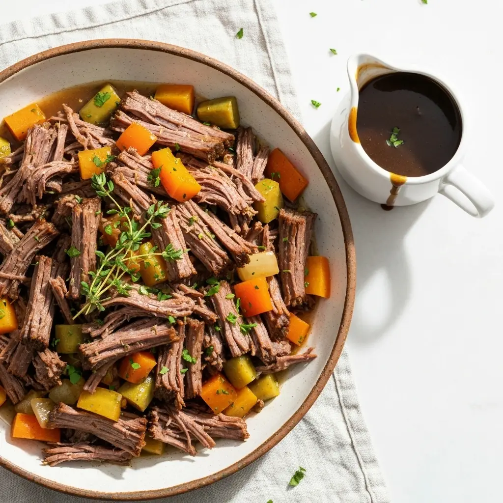 Overhead view of a serving bowl filled with tender crockpot pot roast, carrots, and potatoes, with a side of gravy.