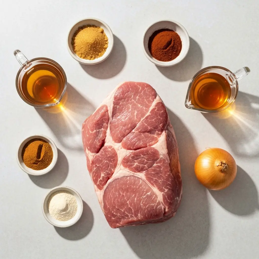 Ingredients for crockpot pulled pork, including a pork shoulder, spices, and onion, arranged on a light surface.