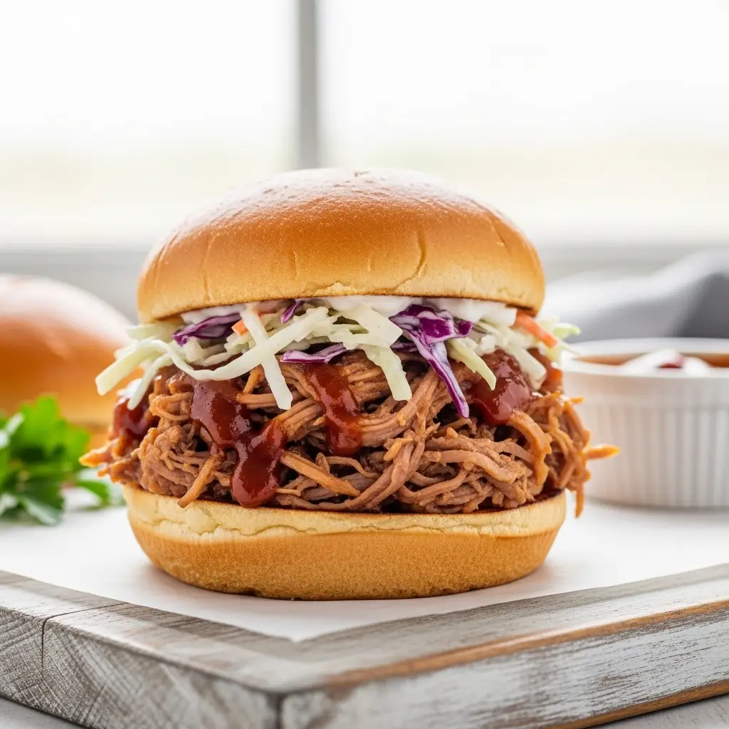 A close-up shot of a juicy crockpot pulled pork sandwich on a brioche bun with coleslaw on top.