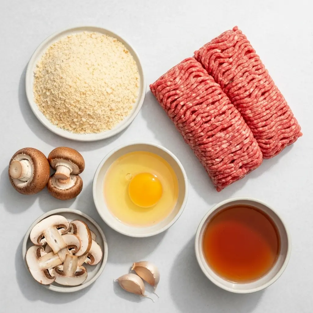 An overhead flat lay of the ingredients needed for crockpot salisbury steak, including ground beef, mushrooms, and onion.
