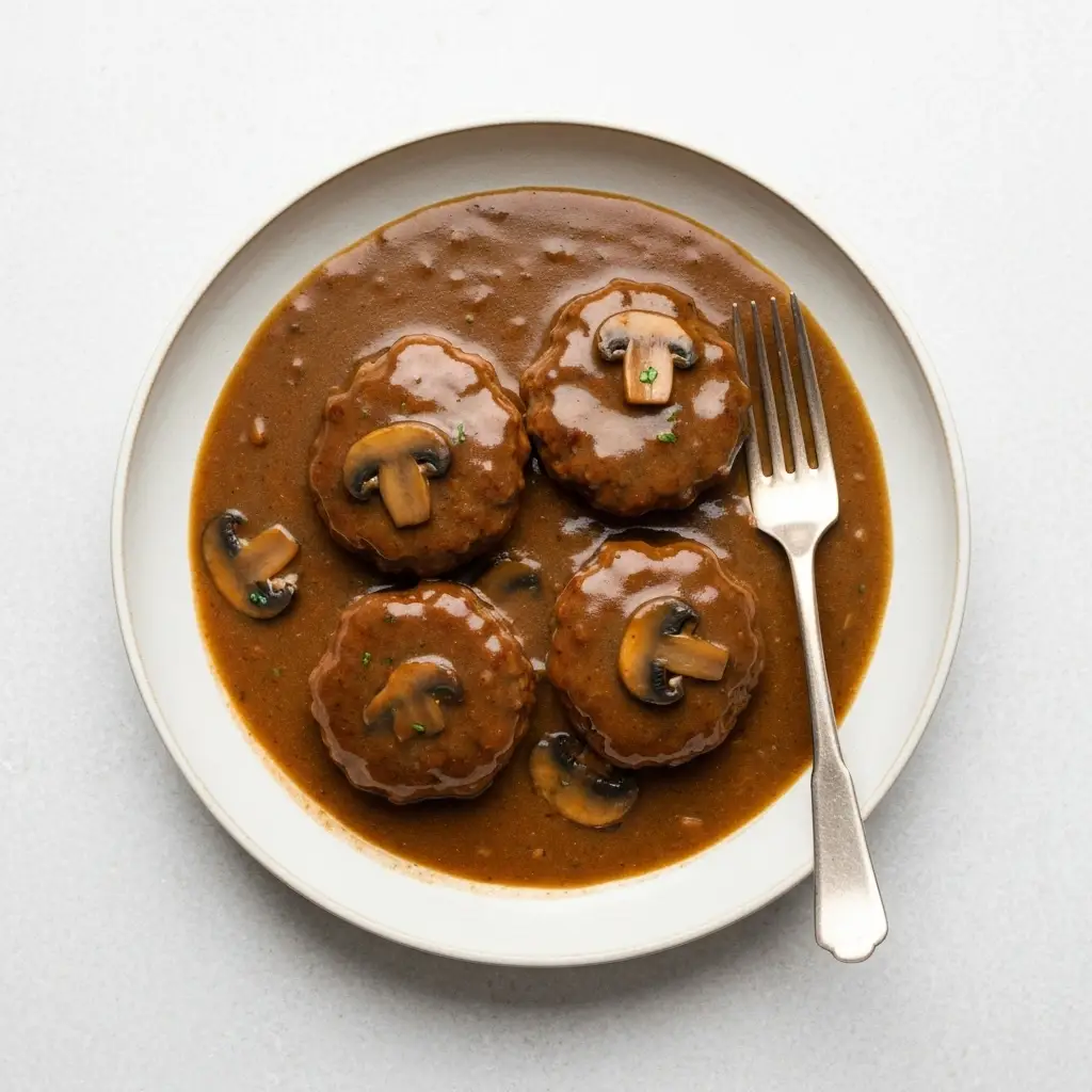 An overhead shot of a bowl of crockpot salisbury steak with mushroom gravy.