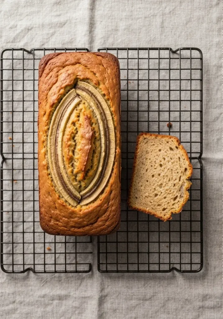 The Ultimate Easy Banana Bread Recipe: Moist, Simple & Delicious! 3 Overhead view of a sliced loaf of moist banana bread.