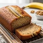 A loaf of easy banana bread on a cooling rack with one slice cut, showing the moist interior.