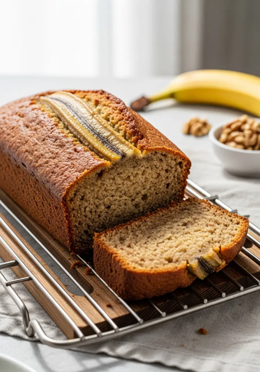The Ultimate Easy Banana Bread Recipe: Moist, Simple & Delicious! 4 A loaf of easy banana bread on a cooling rack with one slice cut, showing the moist interior.
